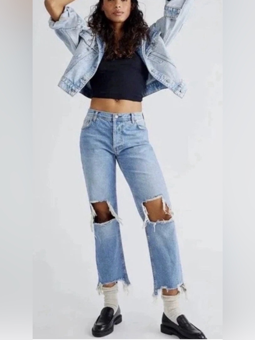 Free People Maggie Mid Rise Straight Leg Distressed Denim Jeans Medium Wash 26